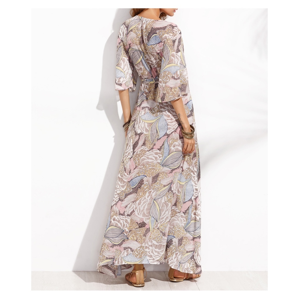 Multicolor Floral 3/4 Sleeve Wrap Maxi Dress - Picture 4 of 8